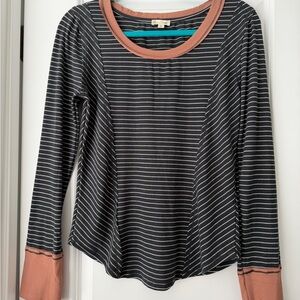 Hem & Thread Black and White Striped Long-Sleeve Top with Rust Trim